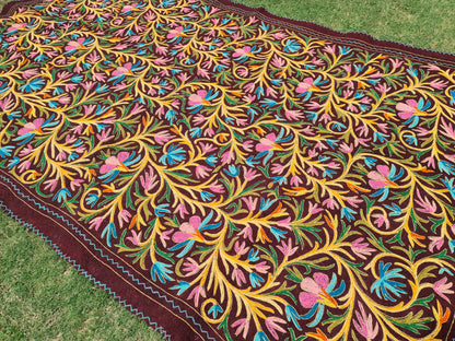 Wool rug 10x6 hand felted Kashmiri "Namda" floor rug | colorful floral embroidery - boho bedroom rug