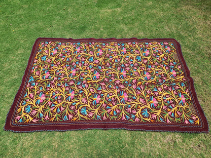 Wool rug 10x6 hand felted Kashmiri "Namda" floor rug | colorful floral embroidery - boho bedroom rug