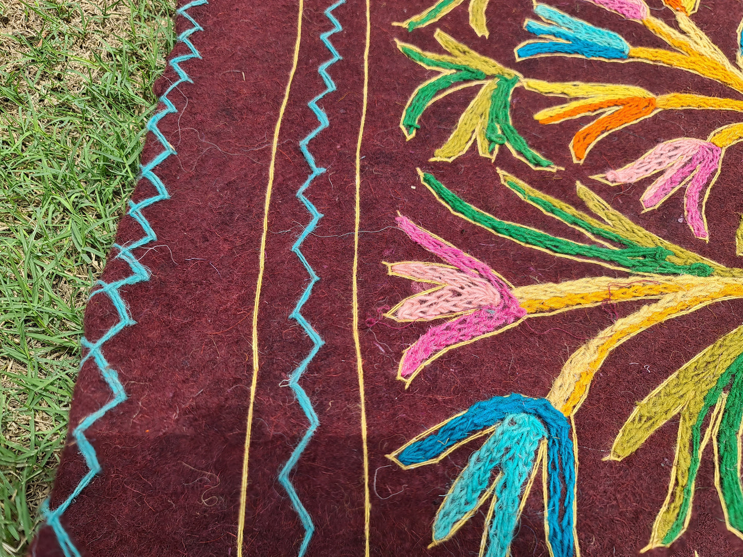 Wool rug 10x6 hand felted Kashmiri "Namda" floor rug | colorful floral embroidery - boho bedroom rug