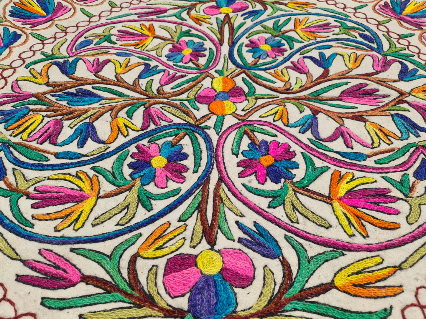 Hand-Felted 7x5 Wool Rug "Namda" from Kashmir - Unique Floral Embroidery on Sheep Wool Felt Base - Boho Decor for Cozy Floors and Artful Corners