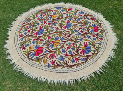 Round rug 5 ft boho wool rug "Namda" from Kashmir hand felted and embroidered