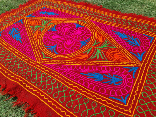 Felted wool rug Kashmiri "Namda" colorful floral rug | embroidered soft wool bedroom rug Hippie floor carpet