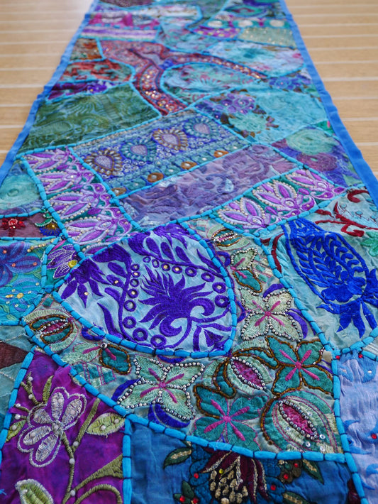 Boho wall hanging - blue tapestry - table runner vintage saree patchwork runner