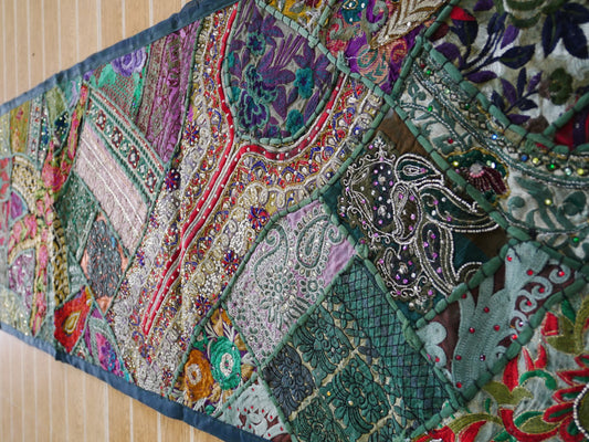 Boho table runner or wall hanging, vintage sari patchwork tapestry - hippie home decor