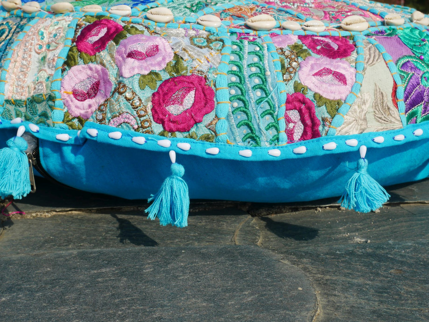 Blue floor pillow cover - colorful meditation cushion - Indian boho style floor seating.