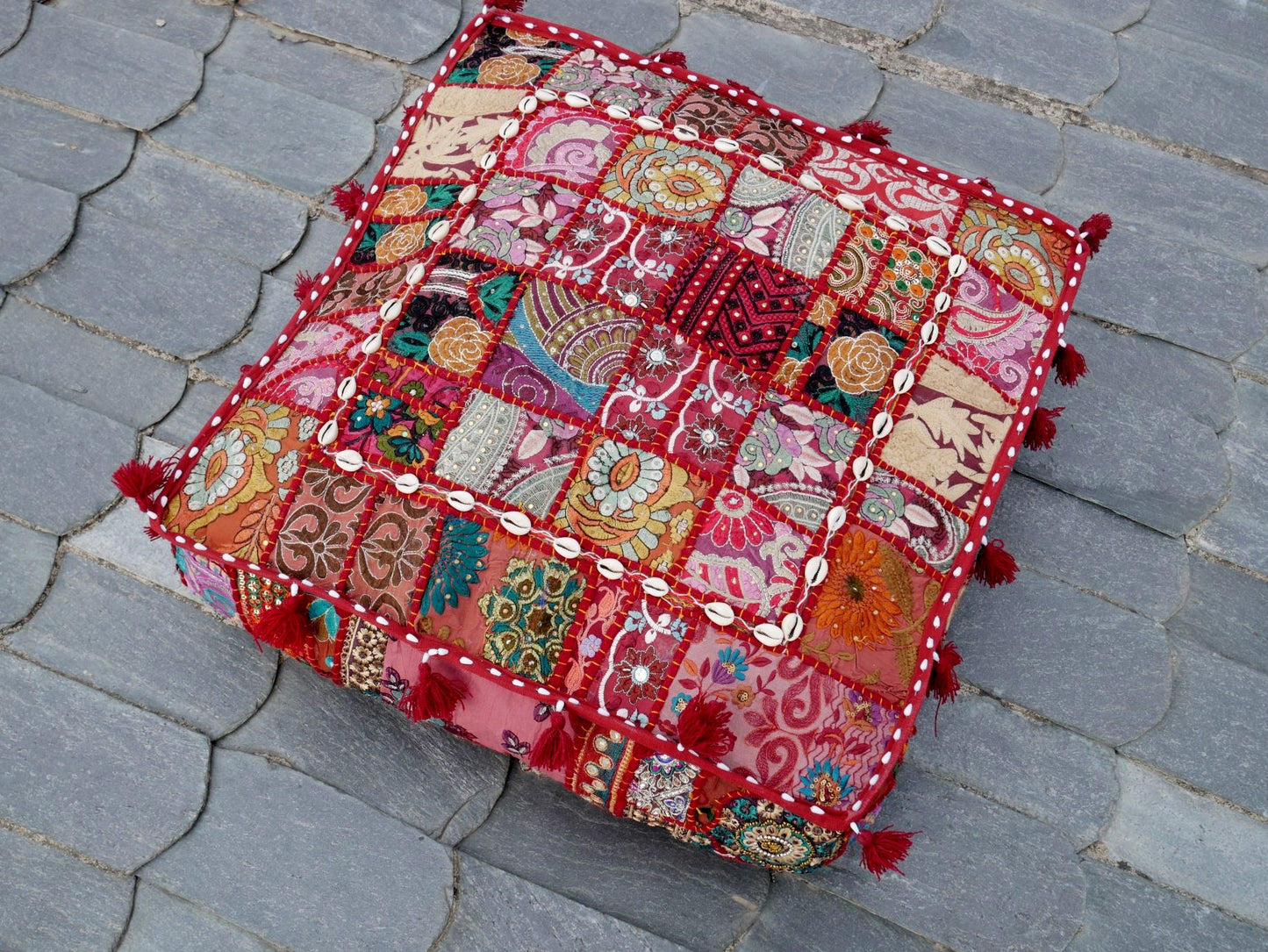 Red patchwork floor pillow cover 24" large floor cushion cover - Indian boho stlye floor seating