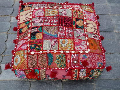 Red patchwork floor pillow cover 24" large floor cushion cover - Indian boho stlye floor seating - The Shanti Home