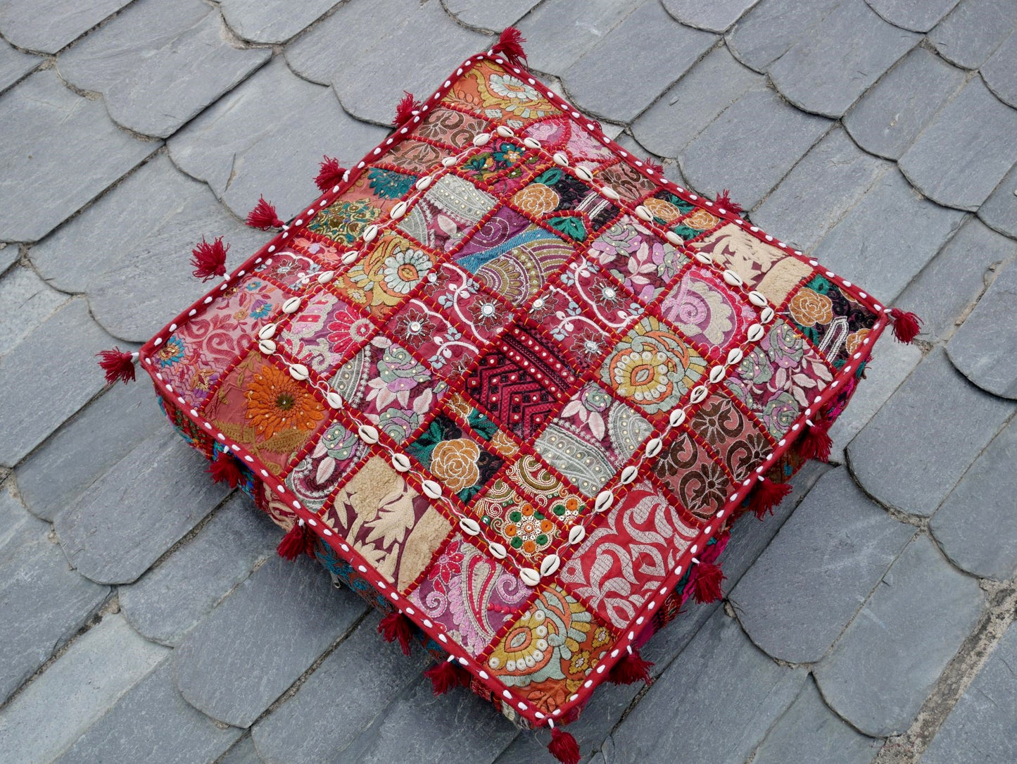 Red patchwork floor pillow cover 24" large floor cushion cover - Indian boho stlye floor seating