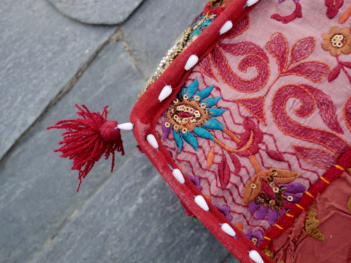 Red patchwork floor pillow cover 24" large floor cushion cover - Indian boho stlye floor seating - The Shanti Home