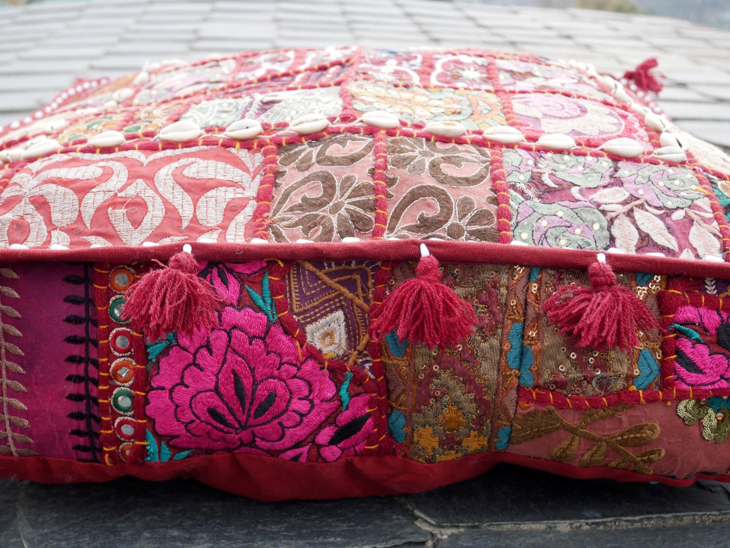 Red patchwork floor pillow cover 24" large floor cushion cover - Indian boho stlye floor seating - The Shanti Home