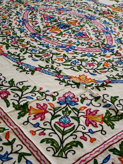 Hand embroidered Kashmiri bedspread - colorful crewel embroidery - large boho bed throw