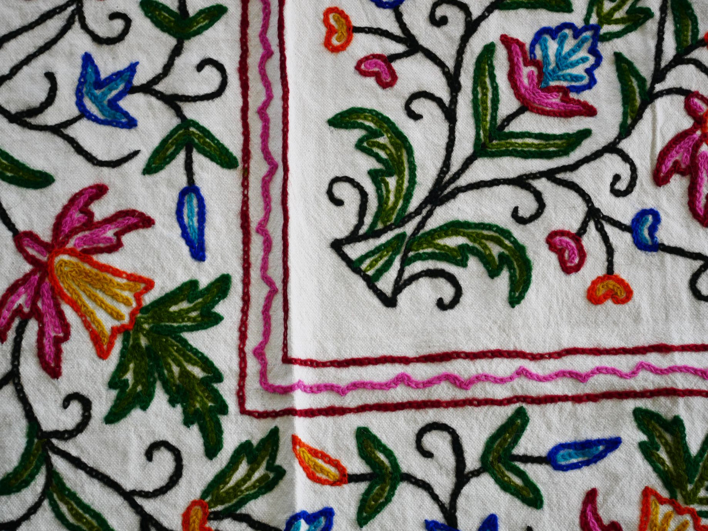 Hand embroidered Kashmiri bedspread - colorful crewel embroidery - large boho bed throw