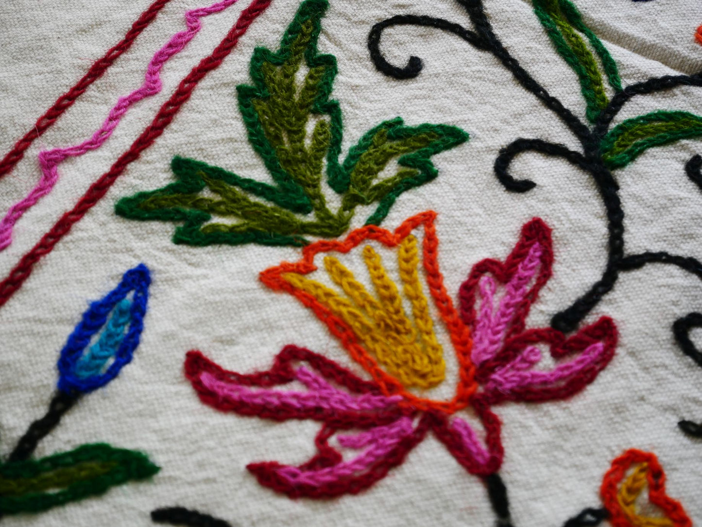 Hand embroidered Kashmiri bedspread - colorful crewel embroidery - large boho bed throw