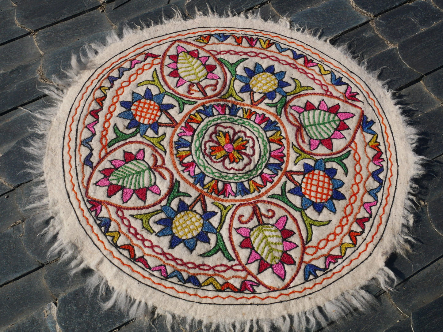 Round  Mandala rug | Kashmiri "Namda" felt wool rug, hand embroidered colorful boho accent rug