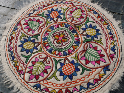 Round  Mandala rug | Kashmiri "Namda" felt wool rug, hand embroidered colorful boho accent rug - The Shanti Home