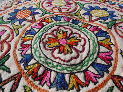 Round  Mandala rug | Kashmiri "Namda" felt wool rug, hand embroidered colorful boho accent rug