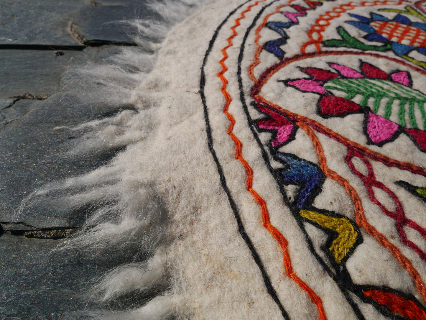 Round  Mandala rug | Kashmiri "Namda" felt wool rug, hand embroidered colorful boho accent rug