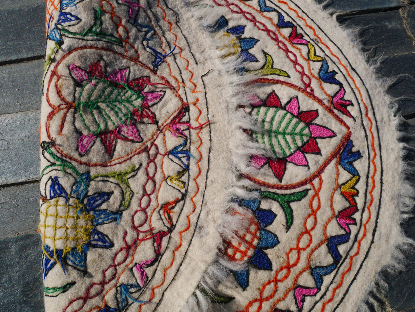 Round  Mandala rug | Kashmiri "Namda" felt wool rug, hand embroidered colorful boho accent rug