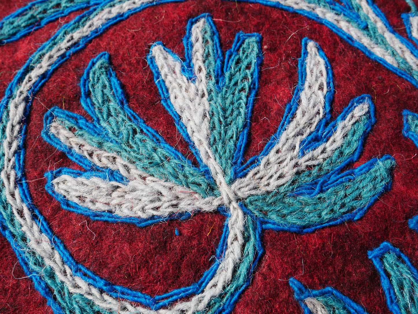 Round flower rug | Kashmiri "Namda" felt wool rug, hand embroidered colorful boho accent rug