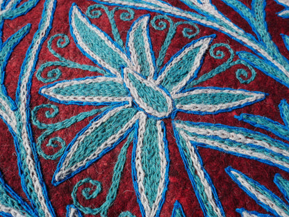 Round flower rug | Kashmiri "Namda" felt wool rug, hand embroidered colorful boho accent rug