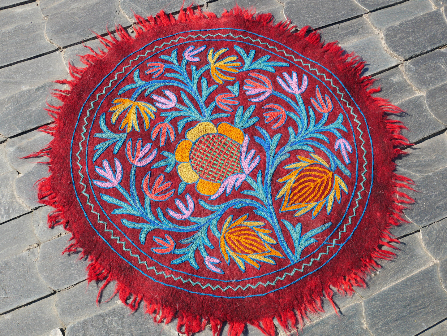 Round flower rug | Kashmiri "Namda" felt wool rug, hand embroidered colorful boho accent rug