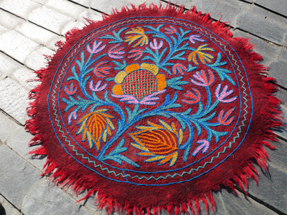 Round flower rug | Kashmiri "Namda" felt wool rug, hand embroidered colorful boho accent rug