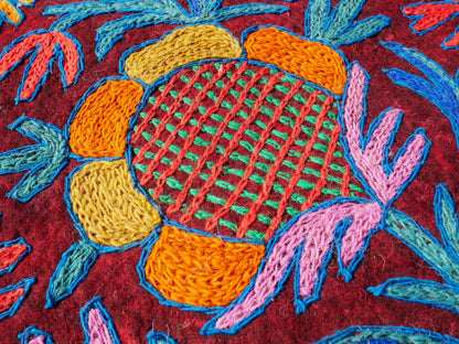Round flower rug | Kashmiri "Namda" felt wool rug, hand embroidered colorful boho accent rug