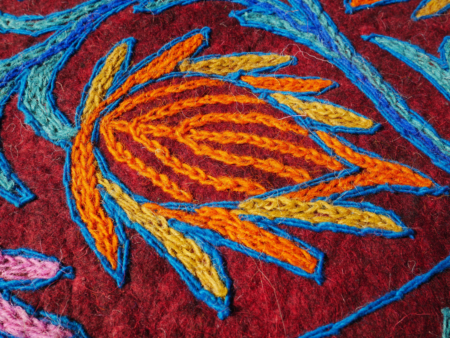 Round flower rug | Kashmiri "Namda" felt wool rug, hand embroidered colorful boho accent rug