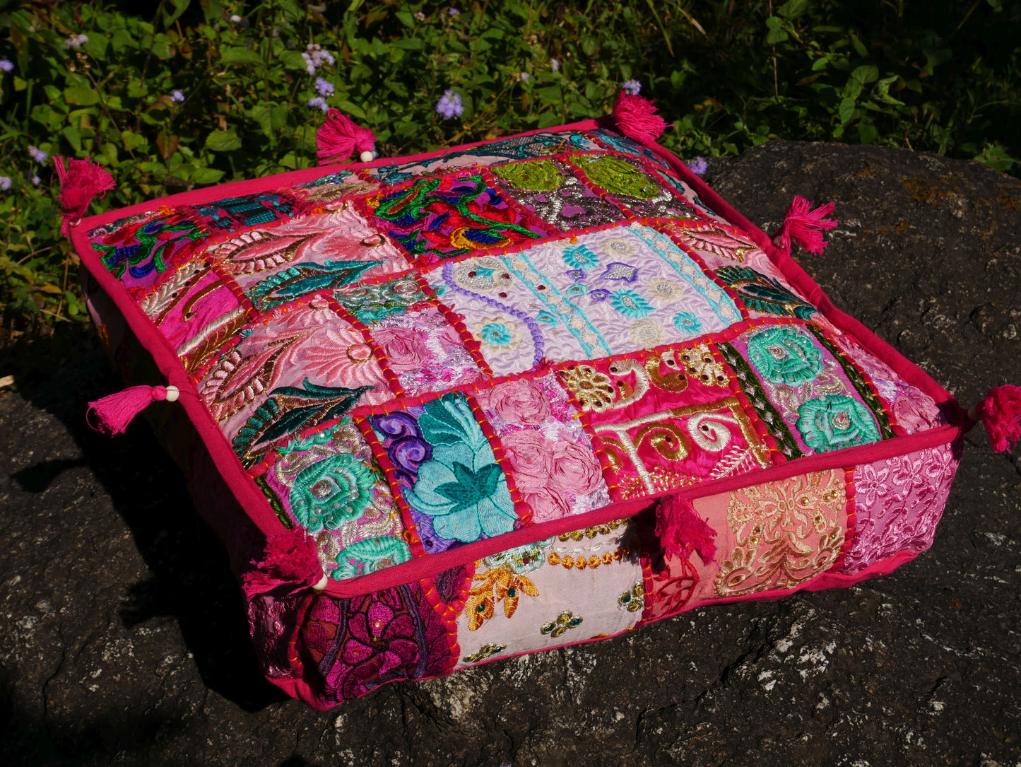 Square floor pillow meditation cushion | 16" bohemian decorative pillow | pink patchwork pillow
