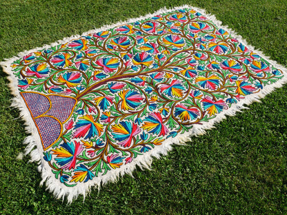 Kashmiri Namda "Tree of life" traditional hand felted and embroidered rug | Colorful boho style rug for cozy home decor