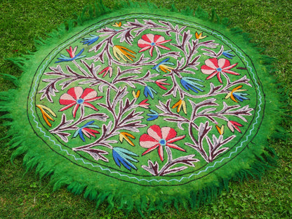 Round flower rug | Kashmiri "Namda" felt wool rug, hand embroidered colorful boho accent rug