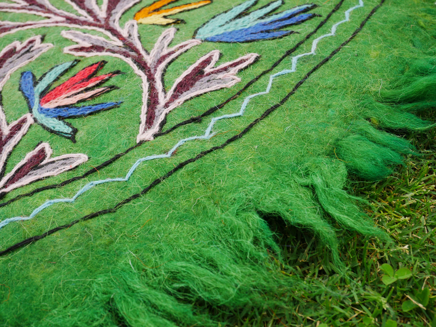 Round flower rug | Kashmiri "Namda" felt wool rug, hand embroidered colorful boho accent rug