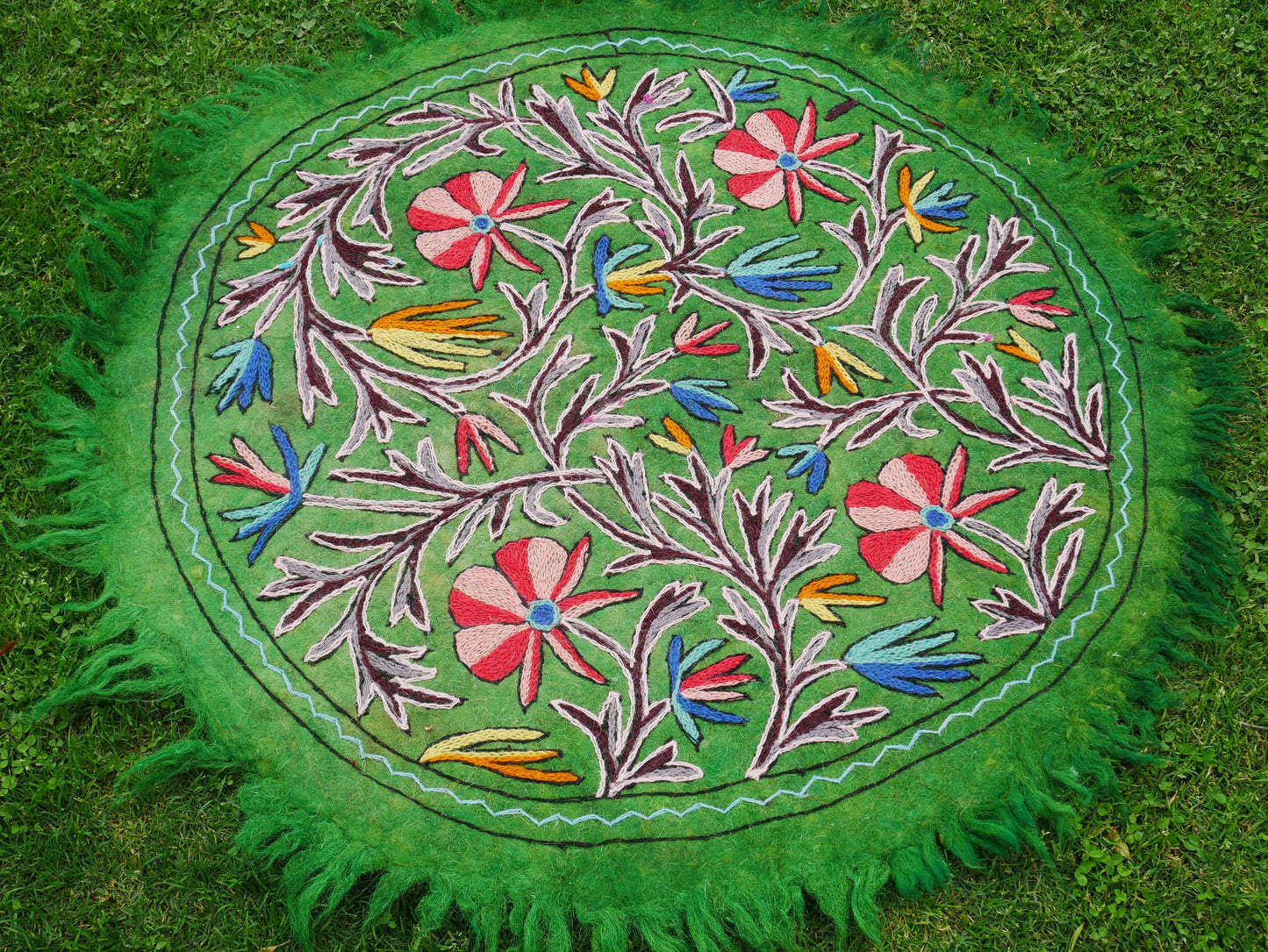 Round flower rug | Kashmiri "Namda" felt wool rug, hand embroidered colorful boho accent rug