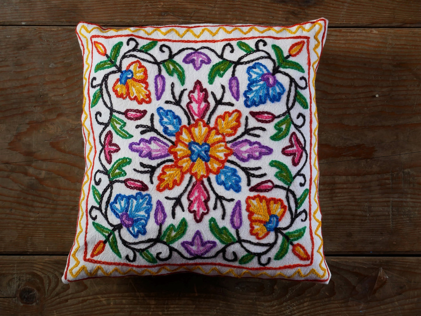 Colorful Kashmiri Crewel Pillow Covers: Handcrafted by Artisans  16x16 inches