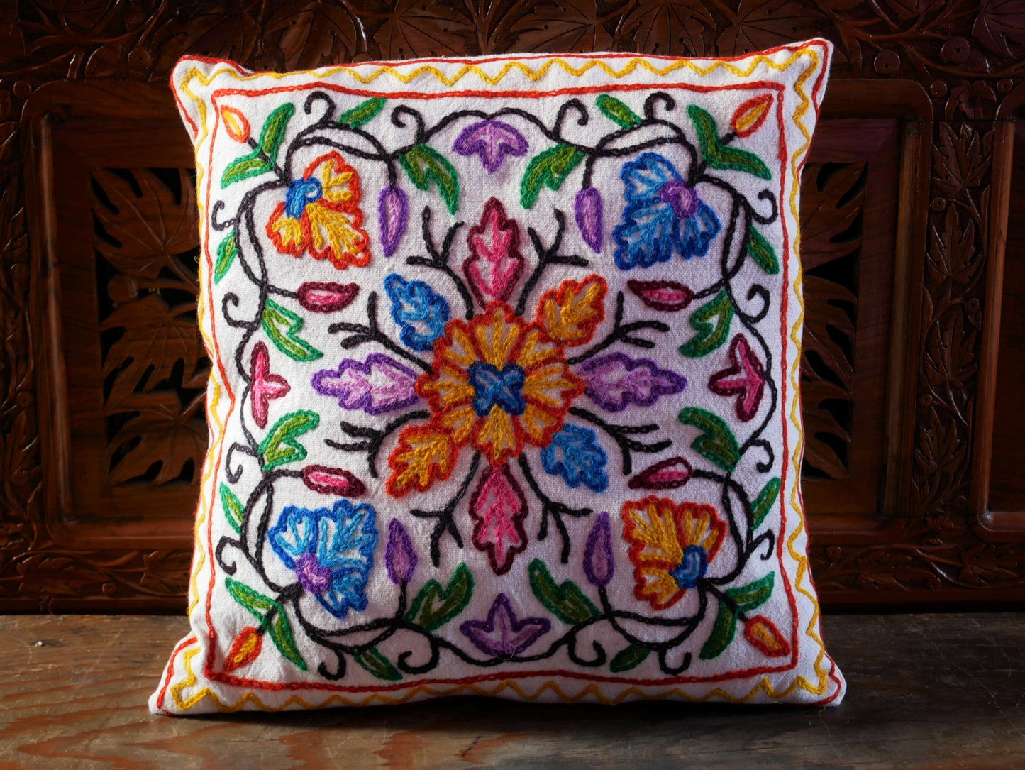 Colorful Kashmiri Crewel Pillow Covers: Handcrafted by Artisans  16x16 inches - The Shanti Home