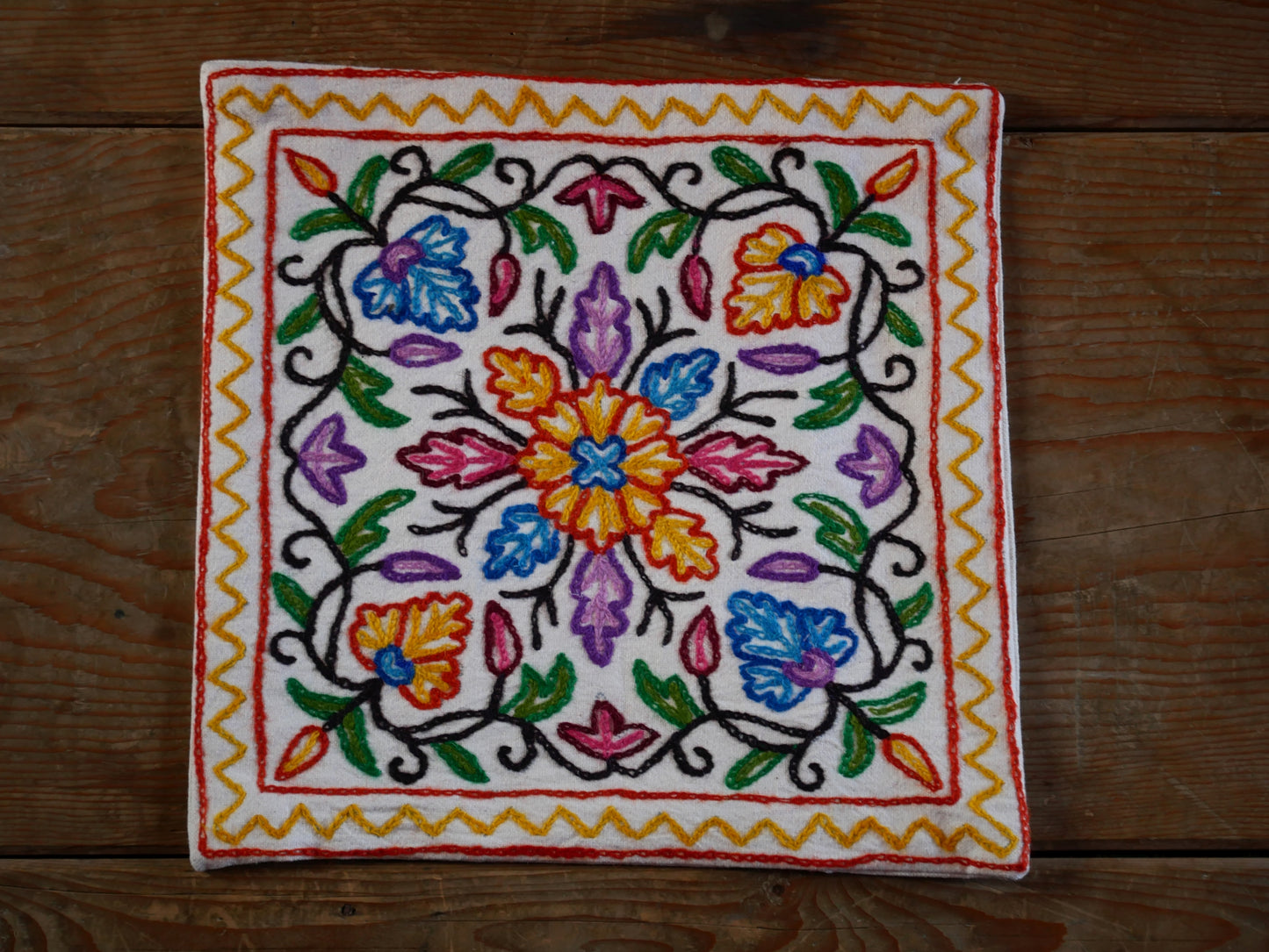 Colorful Kashmiri Crewel Pillow Covers: Handcrafted by Artisans  16x16 inches - The Shanti Home