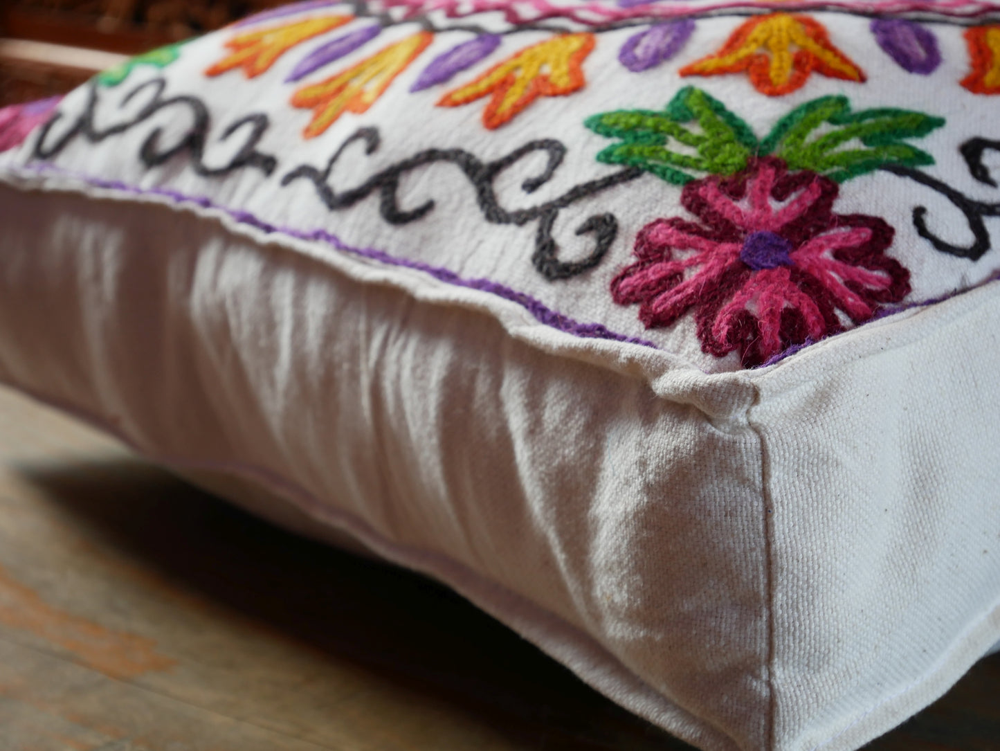 Embroidered floor cushion cover | boho throw pillow "Mountain Flower" | meditation cushion from Kashmir Cover only