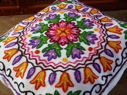 Embroidered floor cushion cover | boho throw pillow "Mountain Flower" | meditation cushion from Kashmir Cover only