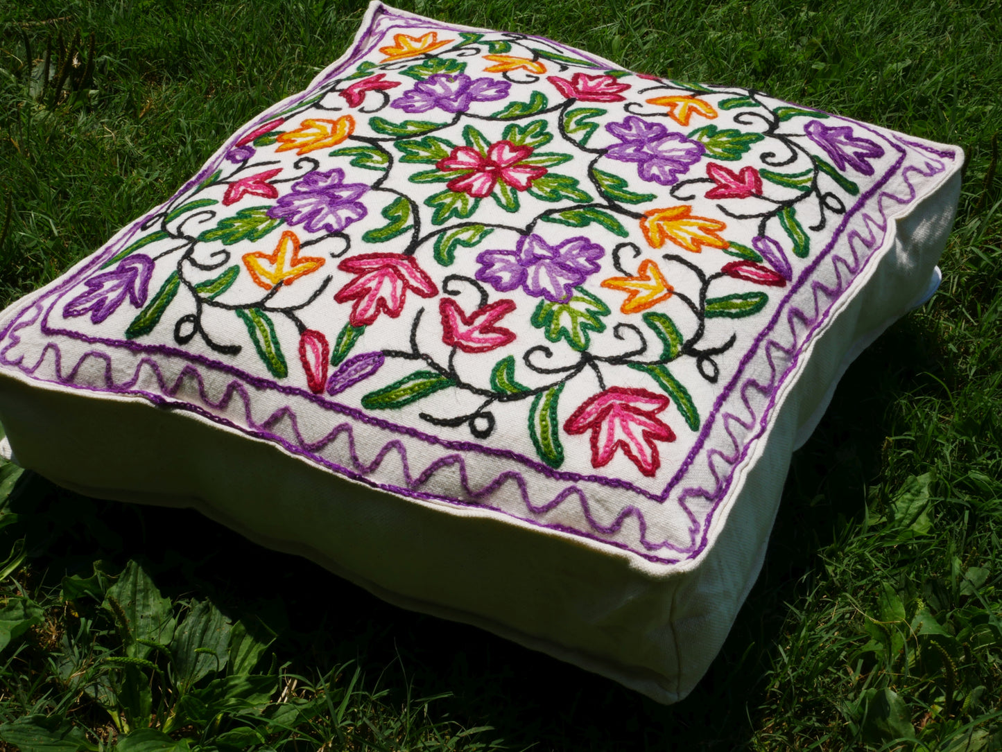 Kashmiri Meditation cushion - square floor pillow "Hand embroidered 18" floor cushion cover