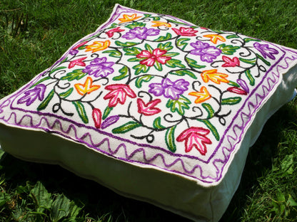 Kashmiri Meditation cushion - square floor pillow "Hand embroidered 18" floor cushion cover