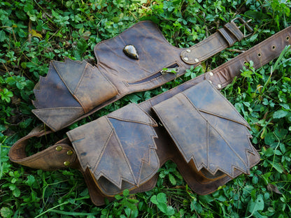 4 Pocket "Leaves" Gemstone Belt Bag: Handmade Leather with Unique Charm