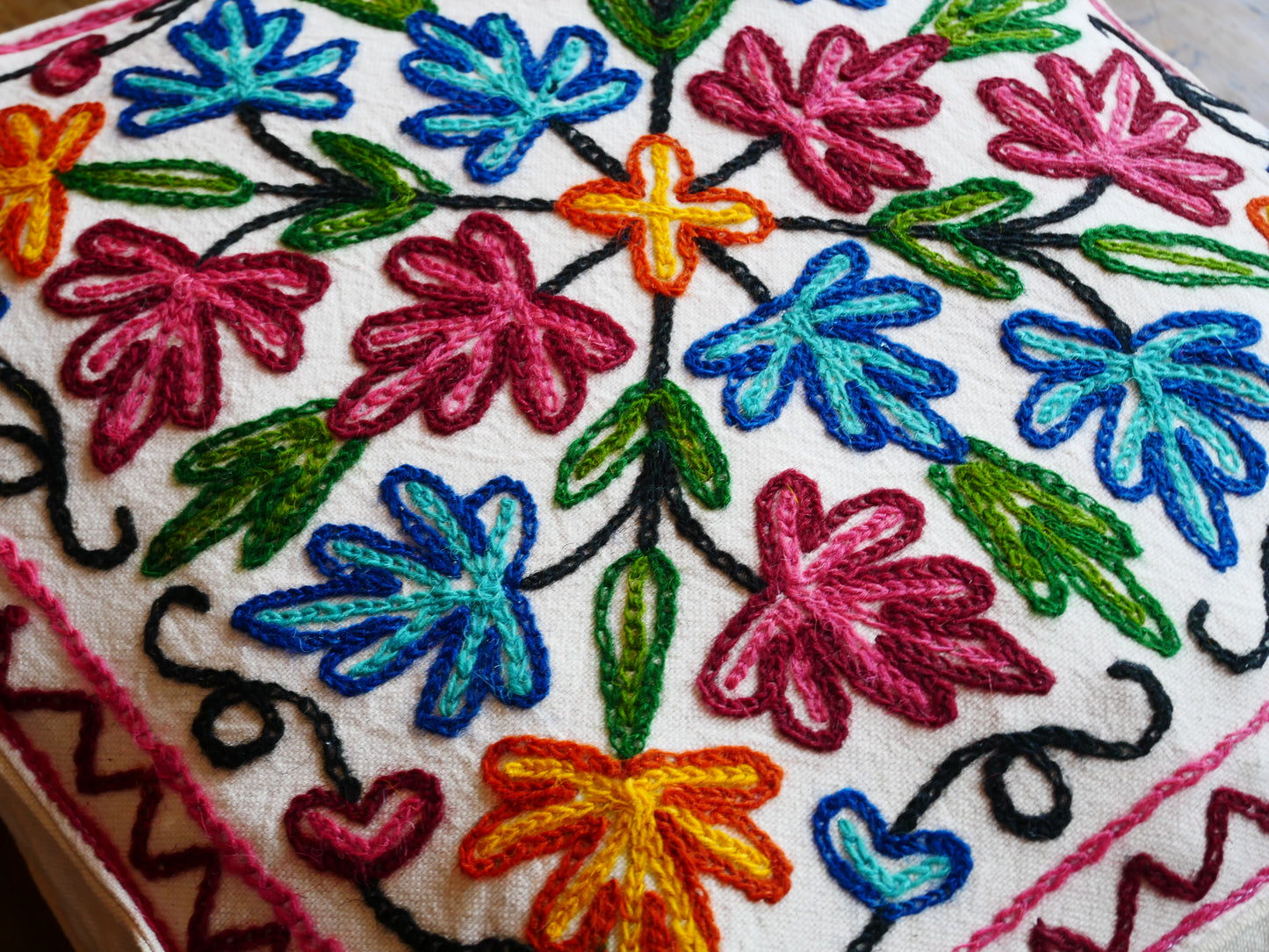 Embroidery floor cushion cover 18" Kashmiri boho throw pillow | meditation cushion from Kashmir Cover only