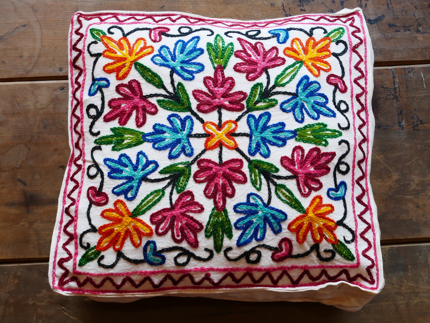 Embroidery floor cushion cover 18" Kashmiri boho throw pillow | meditation cushion from Kashmir Cover only