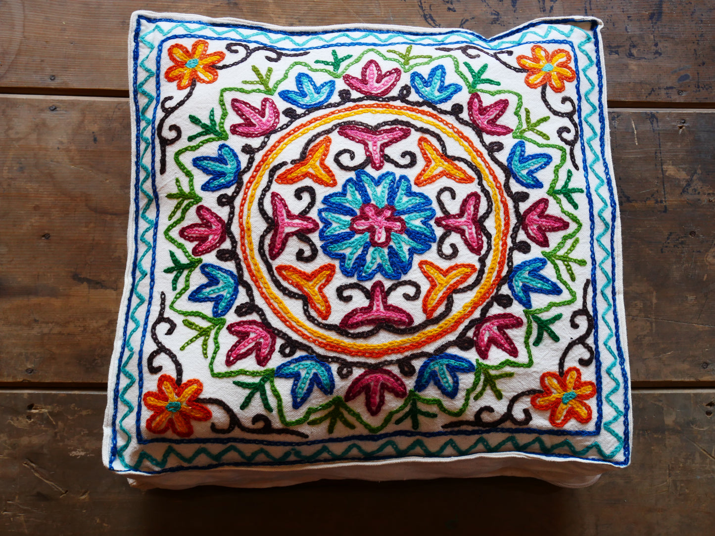 Embroidery floor cushion cover 18" Kashmiri boho throw pillow | meditation cushion from Kashmir Cover only