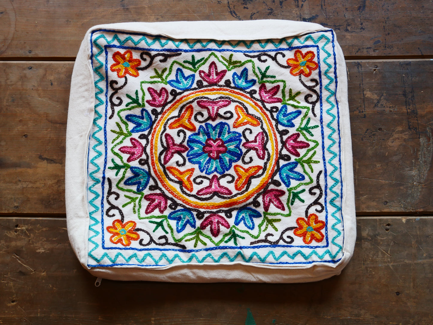 Embroidery floor cushion cover 18" Kashmiri boho throw pillow | meditation cushion from Kashmir Cover only