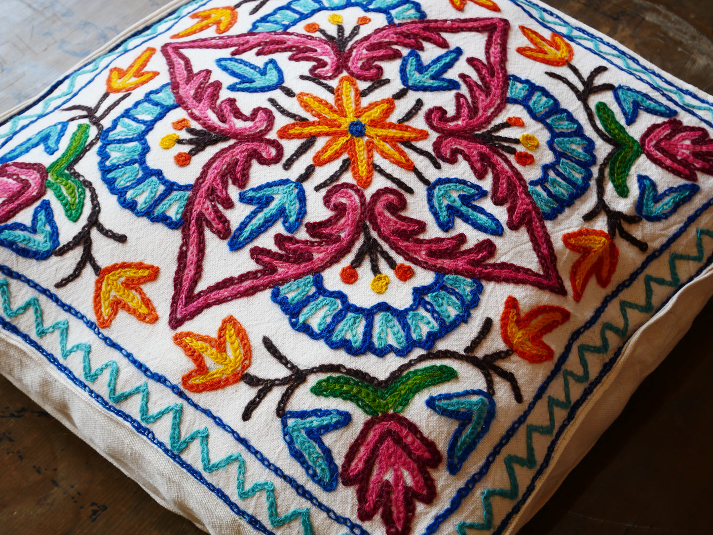 Embroidery floor cushion cover 18" Kashmiri boho throw pillow | meditation cushion from Kashmir Cover only