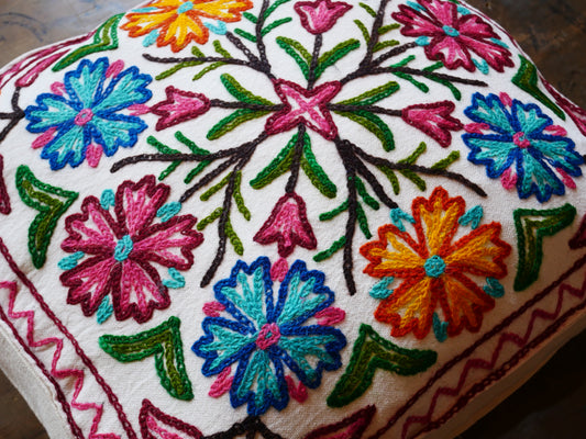 Embroidery floor cushion cover 18" Kashmiri boho throw pillow | meditation cushion from Kashmir Cover only