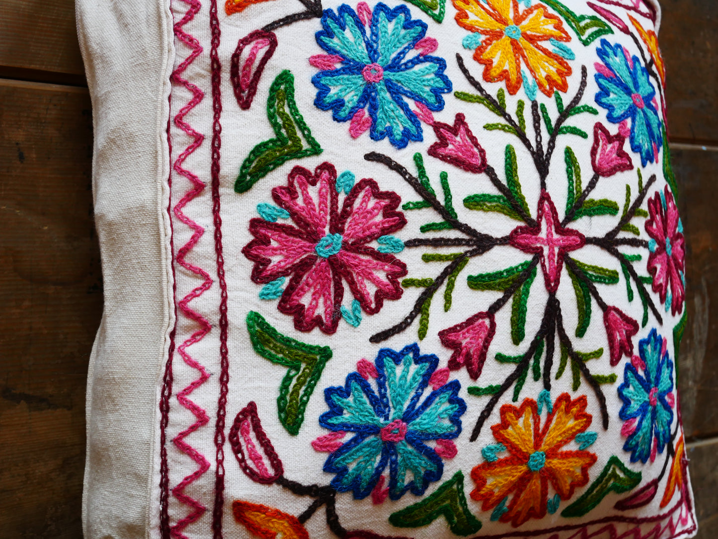 Embroidery floor cushion cover 18" Kashmiri boho throw pillow | meditation cushion from Kashmir Cover only