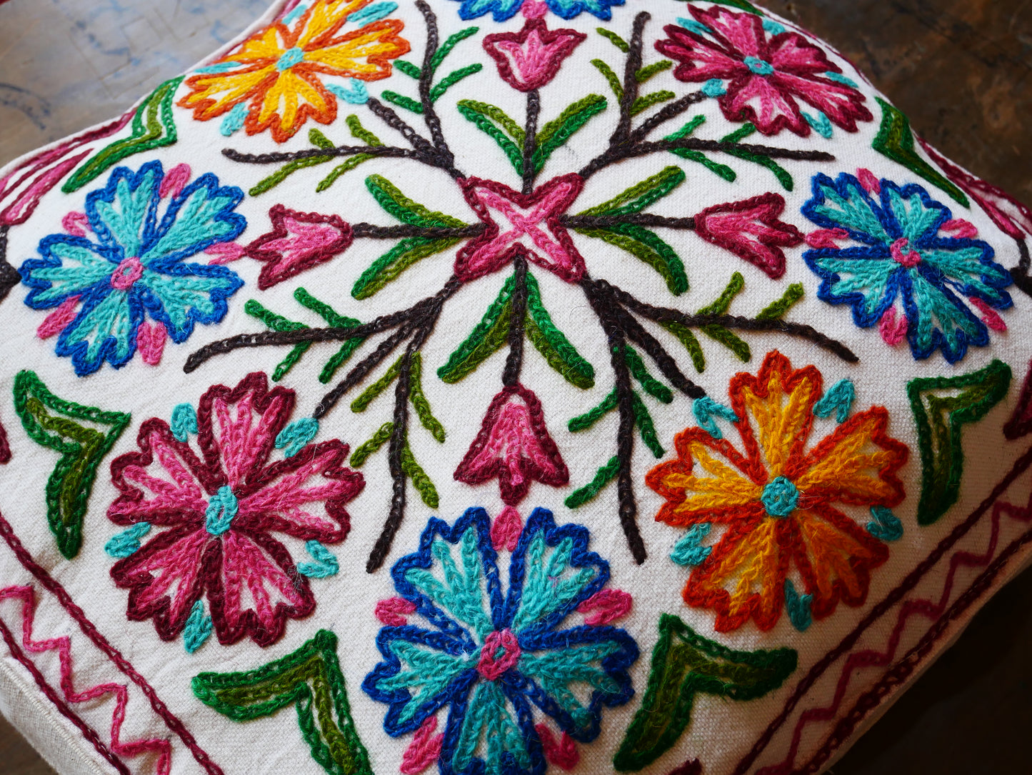 Embroidery floor cushion cover 18" Kashmiri boho throw pillow | meditation cushion from Kashmir Cover only