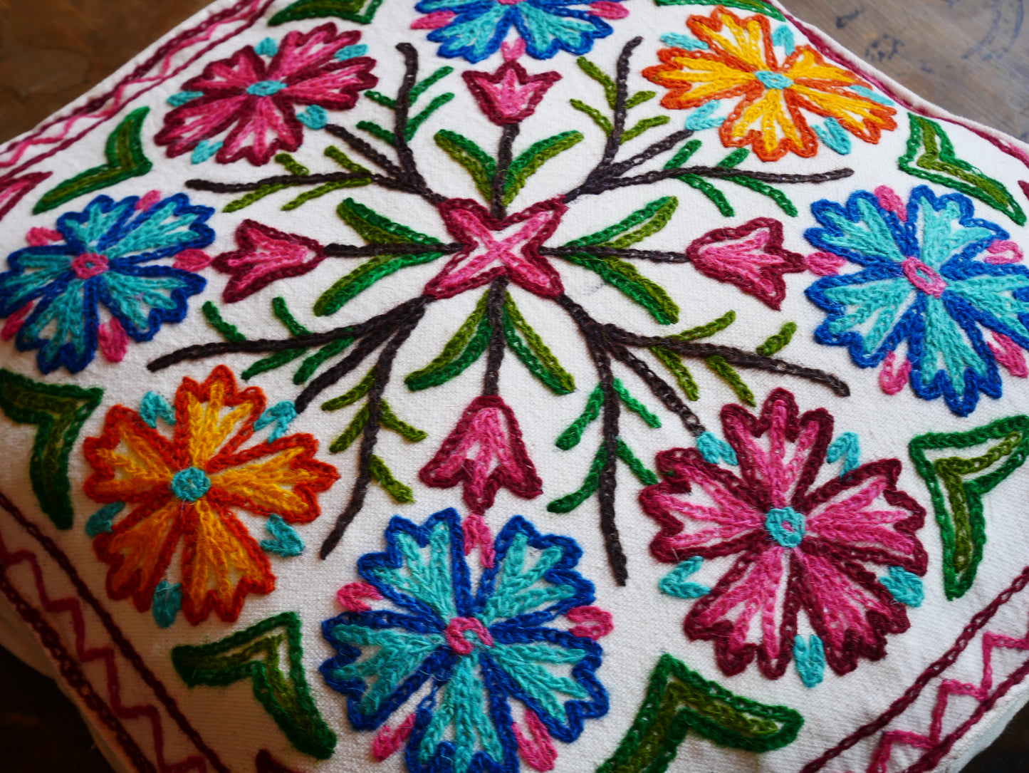 Embroidery floor cushion cover 18" Kashmiri boho throw pillow | meditation cushion from Kashmir Cover only